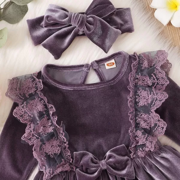 IDOPIP Toddler Baby Girls Velvet Tutu Dress Long Sleeve Princess Christmas Birthday Party Wedding Dresses Fall Winter ClothesPurple  Headband