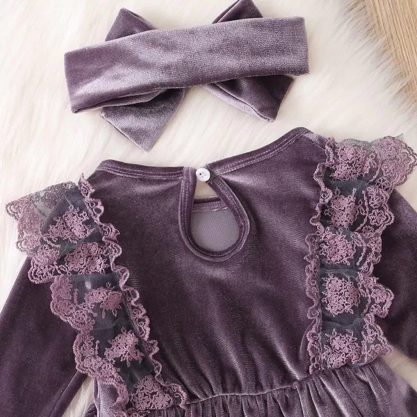 IDOPIP Toddler Baby Girls Velvet Tutu Dress Long Sleeve Princess Christmas Birthday Party Wedding Dresses Fall Winter ClothesPurple  Headband