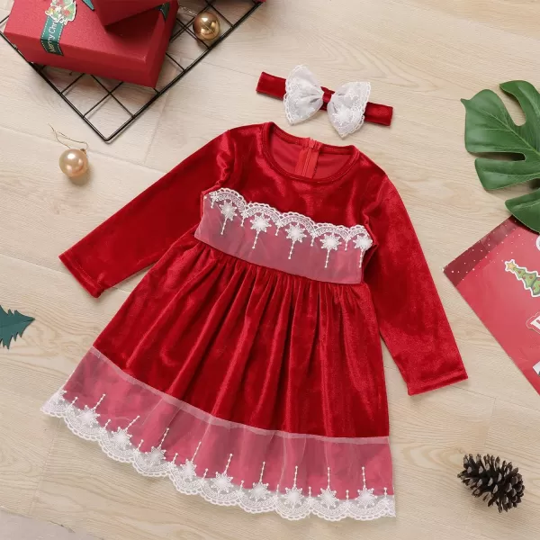 IDOPIP Toddler Baby Girls Velvet Tutu Dress Long Sleeve Princess Christmas Birthday Party Wedding Dresses Fall Winter ClothesRed  Headband 2pcs