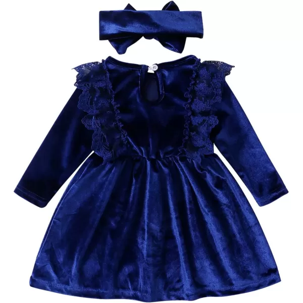 IDOPIP Toddler Baby Girls Velvet Tutu Dress Long Sleeve Princess Christmas Birthday Party Wedding Dresses Fall Winter ClothesRoyal Blue  Headband