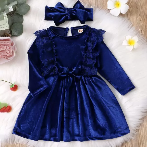 IDOPIP Toddler Baby Girls Velvet Tutu Dress Long Sleeve Princess Christmas Birthday Party Wedding Dresses Fall Winter ClothesRoyal Blue  Headband