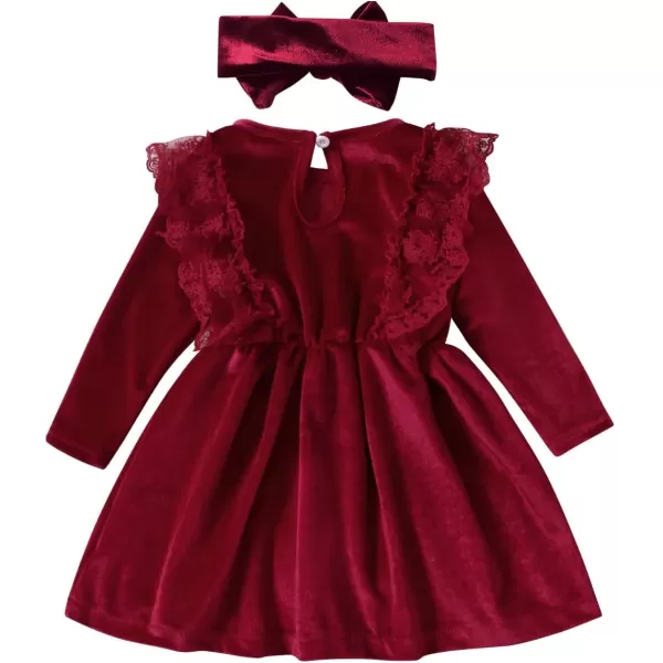 IDOPIP Toddler Baby Girls Velvet Tutu Dress Long Sleeve Princess Christmas Birthday Party Wedding Dresses Fall Winter ClothesWine Red  Headband