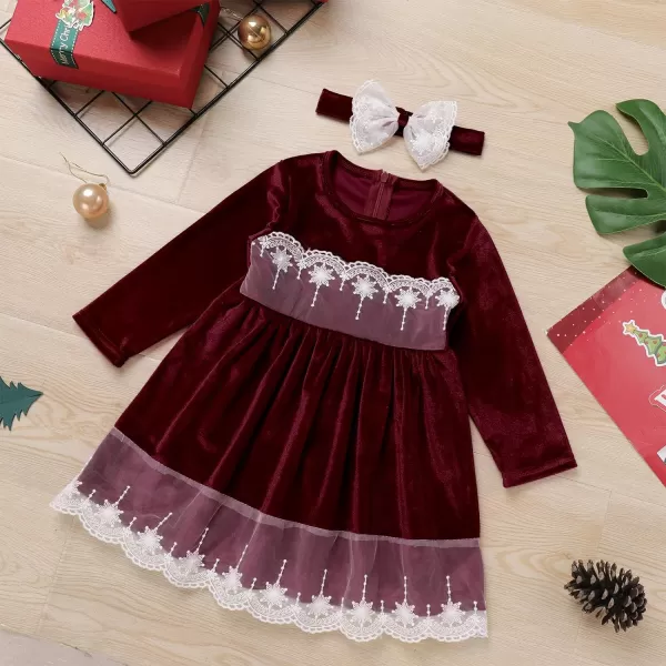 IDOPIP Toddler Baby Girls Velvet Tutu Dress Long Sleeve Princess Christmas Birthday Party Wedding Dresses Fall Winter ClothesWine Red  Headband 2pcs