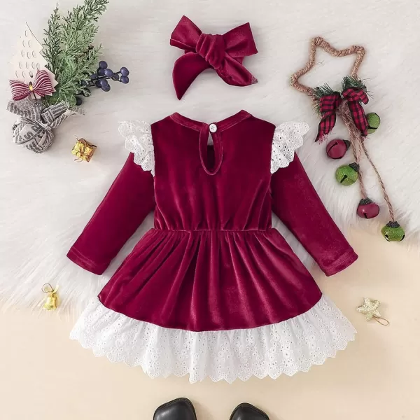 IDOPIP Toddler Baby Girls Velvet Tutu Dress Long Sleeve Princess Christmas Birthday Party Wedding Dresses Fall Winter ClothesWine Red  Lace Bow