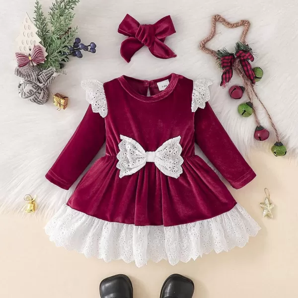 IDOPIP Toddler Baby Girls Velvet Tutu Dress Long Sleeve Princess Christmas Birthday Party Wedding Dresses Fall Winter ClothesWine Red  Lace Bow