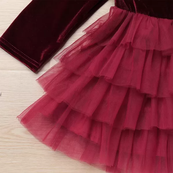 IDOPIP Toddler Baby Girls Velvet Tutu Dress Long Sleeve Princess Christmas Birthday Party Wedding Dresses Fall Winter ClothesWine Red  Tulle