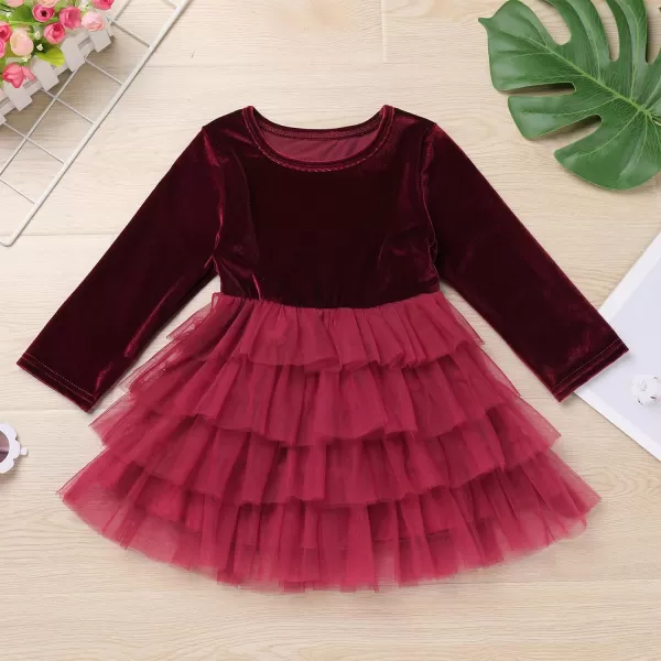 IDOPIP Toddler Baby Girls Velvet Tutu Dress Long Sleeve Princess Christmas Birthday Party Wedding Dresses Fall Winter ClothesWine Red  Tulle