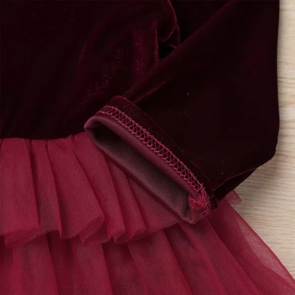 IDOPIP Toddler Baby Girls Velvet Tutu Dress Long Sleeve Princess Christmas Birthday Party Wedding Dresses Fall Winter ClothesWine Red  Tulle