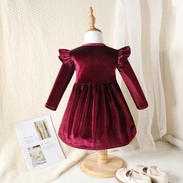 IDOPIP Toddler Baby Girls Velvet Tutu Dress Long Sleeve Princess Christmas Birthday Party Wedding Dresses Fall Winter ClothesWine Red