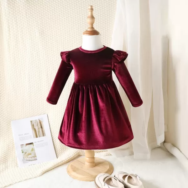 IDOPIP Toddler Baby Girls Velvet Tutu Dress Long Sleeve Princess Christmas Birthday Party Wedding Dresses Fall Winter ClothesWine Red