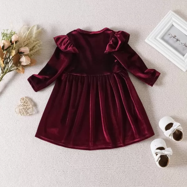 IDOPIP Toddler Baby Girls Velvet Tutu Dress Long Sleeve Princess Christmas Birthday Party Wedding Dresses Fall Winter ClothesWine Red