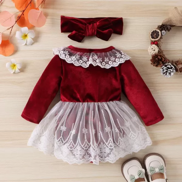IDOPIP Toddler Baby Girls Velvet Tutu Dress Long Sleeve Princess Christmas Birthday Party Wedding Dresses Fall Winter ClothesWine Red Lace 2pcs