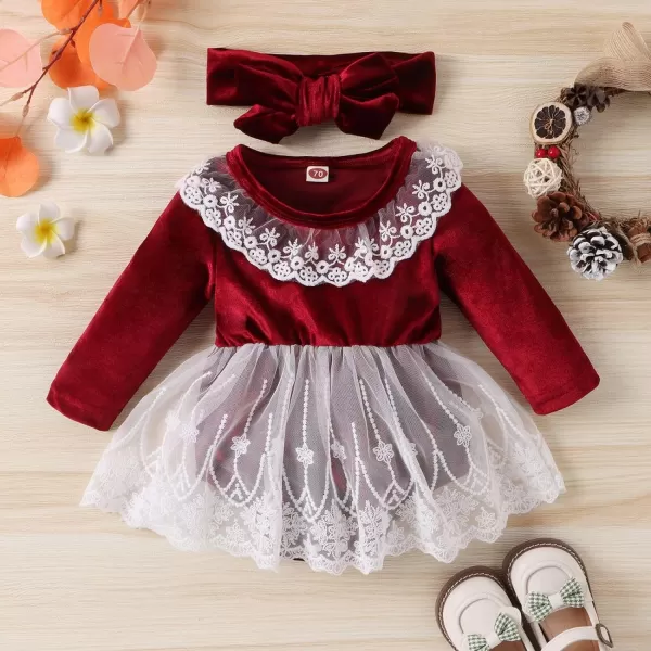 IDOPIP Toddler Baby Girls Velvet Tutu Dress Long Sleeve Princess Christmas Birthday Party Wedding Dresses Fall Winter ClothesWine Red Lace 2pcs