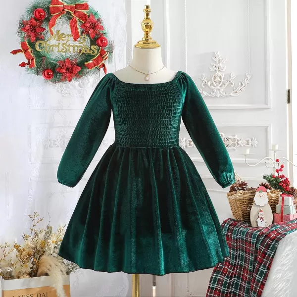 IDOPIP Toddler Baby Girls Velvet Tutu Dress Long Sleeve Ruffle Smocked Princess Christmas Birthday Party Dresses Fall ClothesGreen Dress