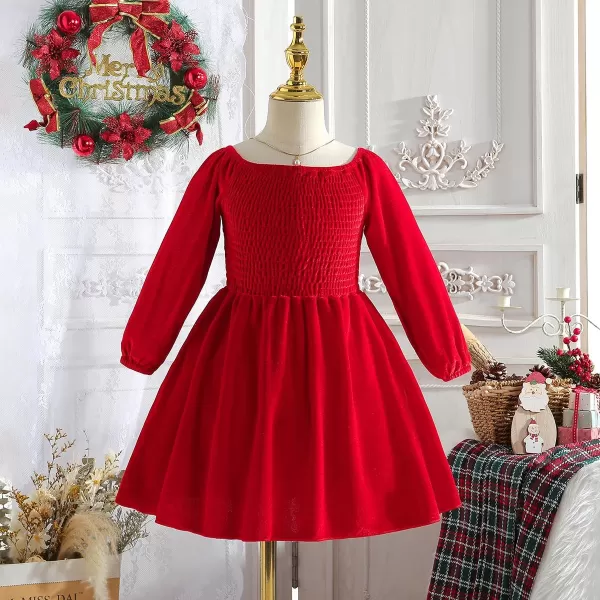 IDOPIP Toddler Baby Girls Velvet Tutu Dress Long Sleeve Ruffle Smocked Princess Christmas Birthday Party Dresses Fall ClothesRed Dress