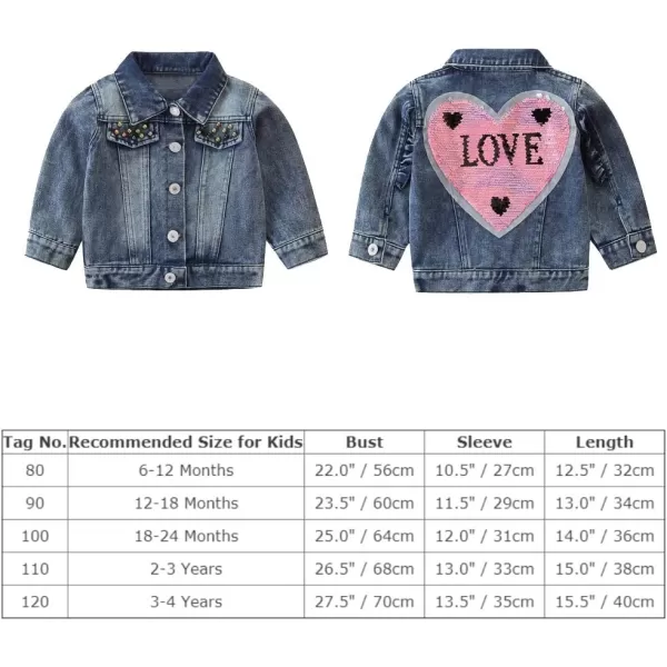 IDOPIP Toddler Kid Baby Boys Girls Denim Jacket Long Sleeve Button Down Jeans Coat Cowboy Overcoat Hoodie Casual OutwearBlue Sequin Heart