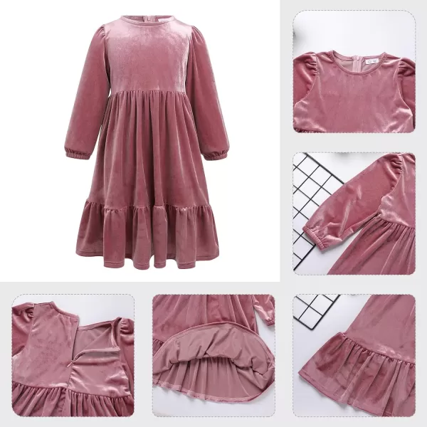 IDOPIP Toddler Kid Girls Velvet Dress Princess Pageant Birthday Christmas Party Dress Casual Long Sleeve Winter Fall ClothesDusty Pink