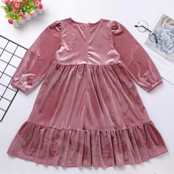 IDOPIP Toddler Kid Girls Velvet Dress Princess Pageant Birthday Christmas Party Dress Casual Long Sleeve Winter Fall ClothesDusty Pink