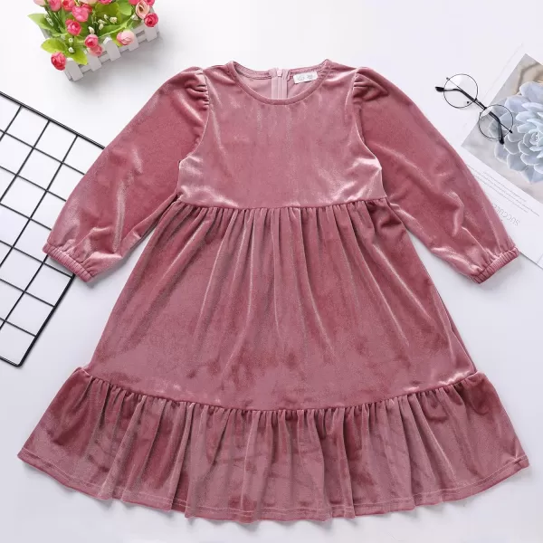 IDOPIP Toddler Kid Girls Velvet Dress Princess Pageant Birthday Christmas Party Dress Casual Long Sleeve Winter Fall ClothesDusty Pink