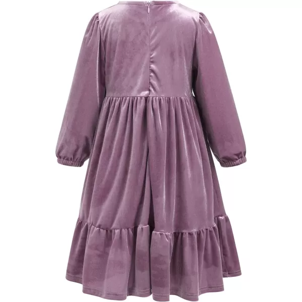 IDOPIP Toddler Kid Girls Velvet Dress Princess Pageant Birthday Christmas Party Dress Casual Long Sleeve Winter Fall ClothesPurple