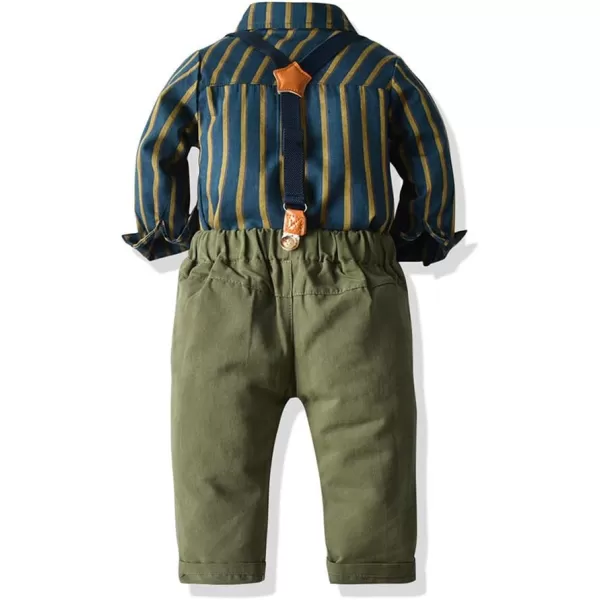 IDOPIP Toddler Kids Baby Boys 1st Christmas Outfit Gentleman Striped Shirt with Bowtie Long Suspender Pants Overalls ClothesArmy Green Striped