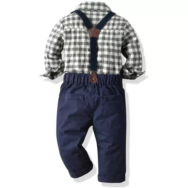 IDOPIP Toddler Kids Baby Boys 1st Christmas Outfit Gentleman Striped Shirt with Bowtie Long Suspender Pants Overalls ClothesGray Lattice