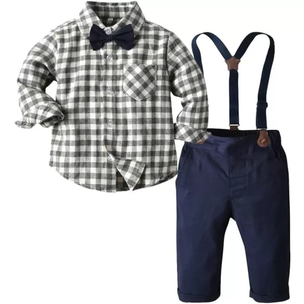 IDOPIP Toddler Kids Baby Boys 1st Christmas Outfit Gentleman Striped Shirt with Bowtie Long Suspender Pants Overalls ClothesGray Lattice