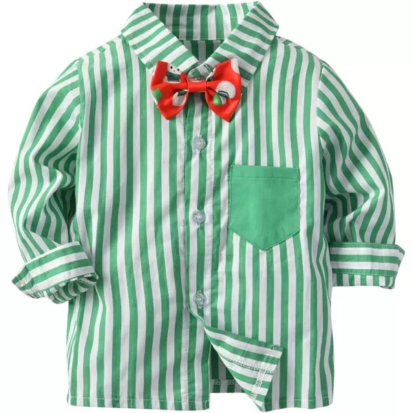 IDOPIP Toddler Kids Baby Boys 1st Christmas Outfit Gentleman Striped Shirt with Bowtie Long Suspender Pants Overalls ClothesGreen Striped