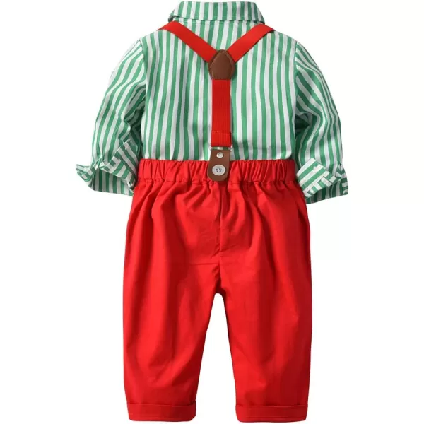 IDOPIP Toddler Kids Baby Boys 1st Christmas Outfit Gentleman Striped Shirt with Bowtie Long Suspender Pants Overalls ClothesGreen Striped