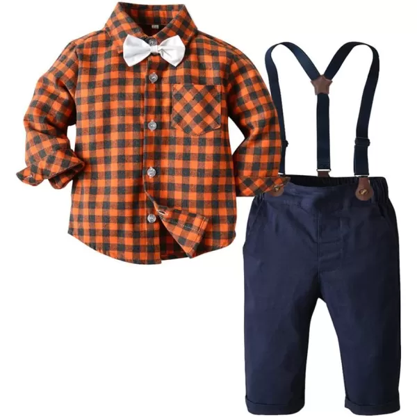 IDOPIP Toddler Kids Baby Boys 1st Christmas Outfit Gentleman Striped Shirt with Bowtie Long Suspender Pants Overalls ClothesOrange Lattice