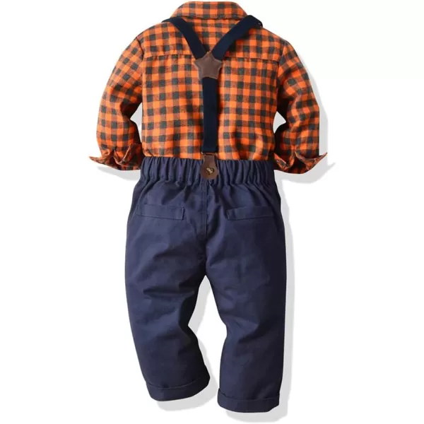 IDOPIP Toddler Kids Baby Boys 1st Christmas Outfit Gentleman Striped Shirt with Bowtie Long Suspender Pants Overalls ClothesOrange Lattice