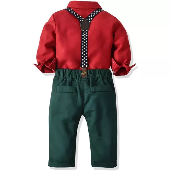 IDOPIP Toddler Kids Baby Boys 1st Christmas Outfit Gentleman Striped Shirt with Bowtie Long Suspender Pants Overalls ClothesRed  Dark Green