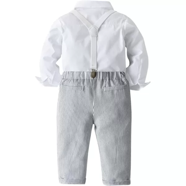 IDOPIP Toddler Kids Baby Boys 1st Christmas Outfit Gentleman Striped Shirt with Bowtie Long Suspender Pants Overalls ClothesWhite  Striped