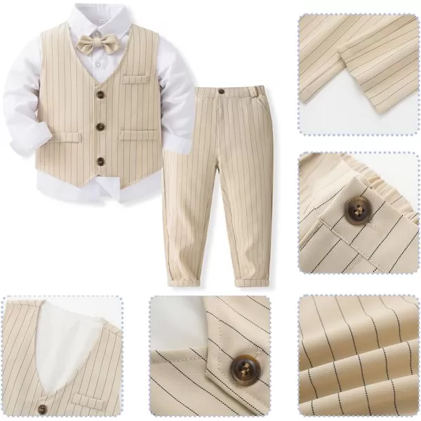 IDOPIP Toddler Kids Baby Boys Formal Suit Gentleman Outfit Long Sleeve Shirt with Bowtie  Vest  Pants Overalls Clothes 28TBeige