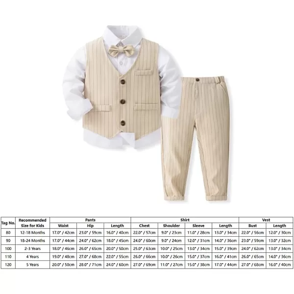 IDOPIP Toddler Kids Baby Boys Formal Suit Gentleman Outfit Long Sleeve Shirt with Bowtie  Vest  Pants Overalls Clothes 28TBeige