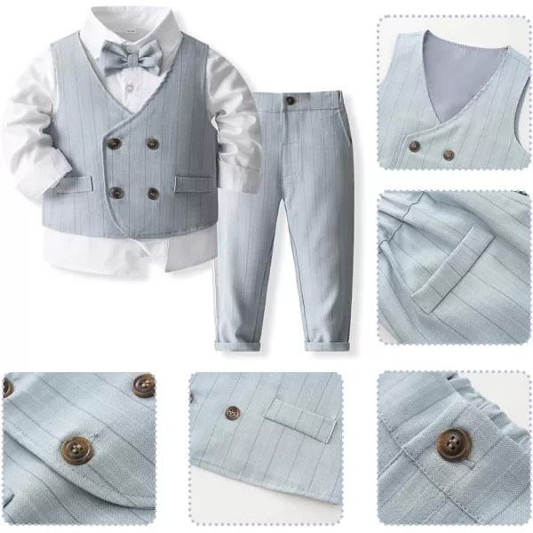 IDOPIP Toddler Kids Baby Boys Formal Suit Gentleman Outfit Long Sleeve Shirt with Bowtie  Vest  Pants Overalls Clothes 28TBlue