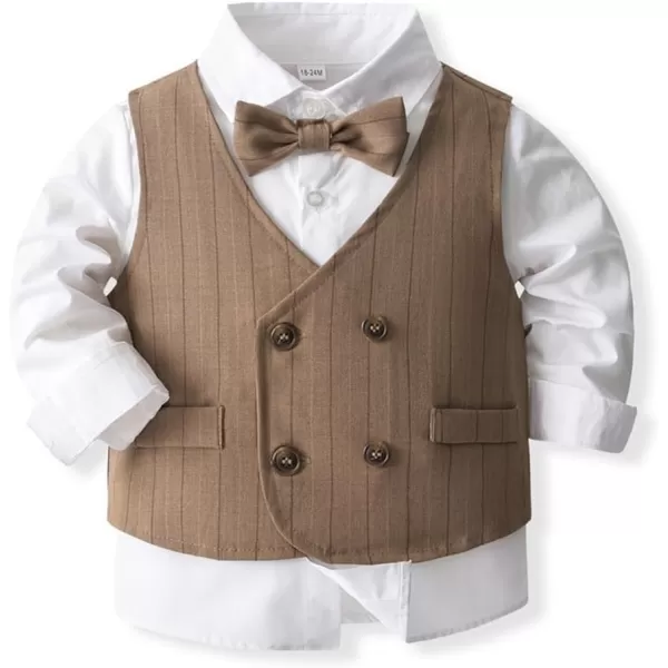 IDOPIP Toddler Kids Baby Boys Formal Suit Gentleman Outfit Long Sleeve Shirt with Bowtie  Vest  Pants Overalls Clothes 28TBrown