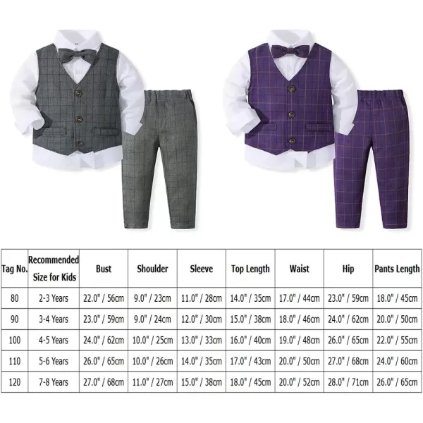 IDOPIP Toddler Kids Baby Boys Formal Suit Gentleman Outfit Long Sleeve Shirt with Bowtie  Vest  Pants Overalls Clothes 28TGray Plaid  Vest