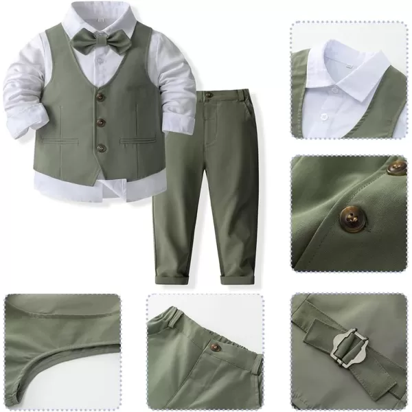 IDOPIP Toddler Kids Baby Boys Formal Suit Gentleman Outfit Long Sleeve Shirt with Bowtie  Vest  Pants Overalls Clothes 28TGreen