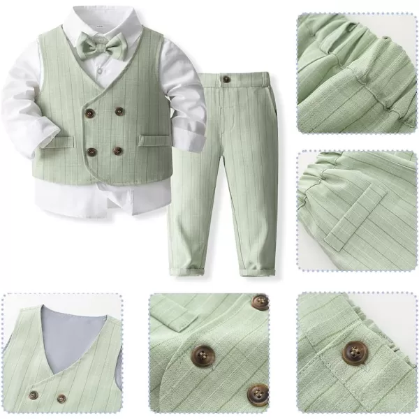 IDOPIP Toddler Kids Baby Boys Formal Suit Gentleman Outfit Long Sleeve Shirt with Bowtie  Vest  Pants Overalls Clothes 28TLight Green