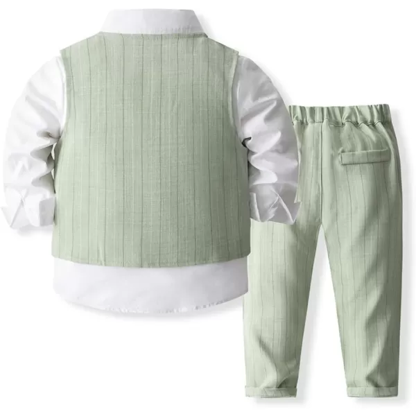IDOPIP Toddler Kids Baby Boys Formal Suit Gentleman Outfit Long Sleeve Shirt with Bowtie  Vest  Pants Overalls Clothes 28TLight Green