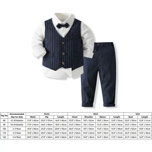 IDOPIP Toddler Kids Baby Boys Formal Suit Gentleman Outfit Long Sleeve Shirt with Bowtie  Vest  Pants Overalls Clothes 28TNavy Blue Striped  Vest