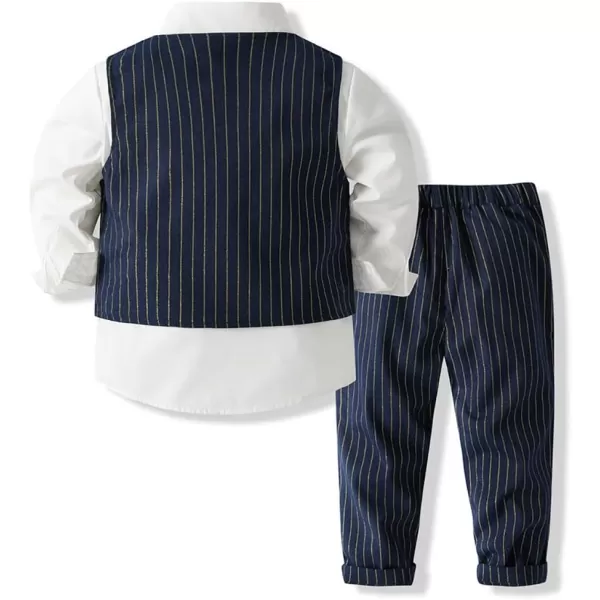 IDOPIP Toddler Kids Baby Boys Formal Suit Gentleman Outfit Long Sleeve Shirt with Bowtie  Vest  Pants Overalls Clothes 28TNavy Blue Striped  Vest