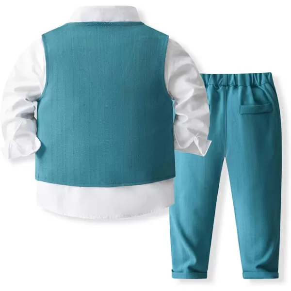 IDOPIP Toddler Kids Baby Boys Formal Suit Gentleman Outfit Long Sleeve Shirt with Bowtie  Vest  Pants Overalls Clothes 28TPeacock Blue