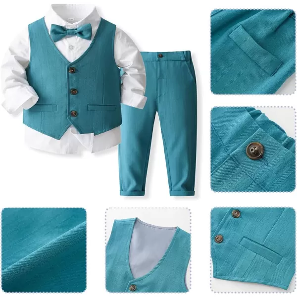 IDOPIP Toddler Kids Baby Boys Formal Suit Gentleman Outfit Long Sleeve Shirt with Bowtie  Vest  Pants Overalls Clothes 28TPeacock Blue