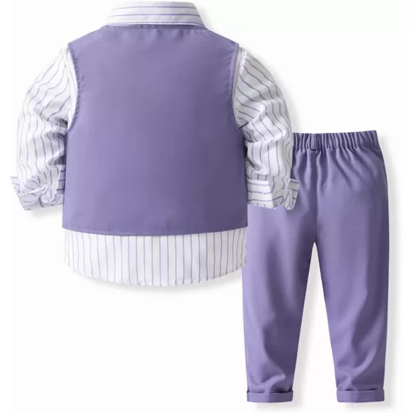IDOPIP Toddler Kids Baby Boys Formal Suit Gentleman Outfit Long Sleeve Shirt with Bowtie  Vest  Pants Overalls Clothes 28TPurple