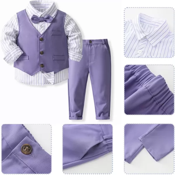 IDOPIP Toddler Kids Baby Boys Formal Suit Gentleman Outfit Long Sleeve Shirt with Bowtie  Vest  Pants Overalls Clothes 28TPurple