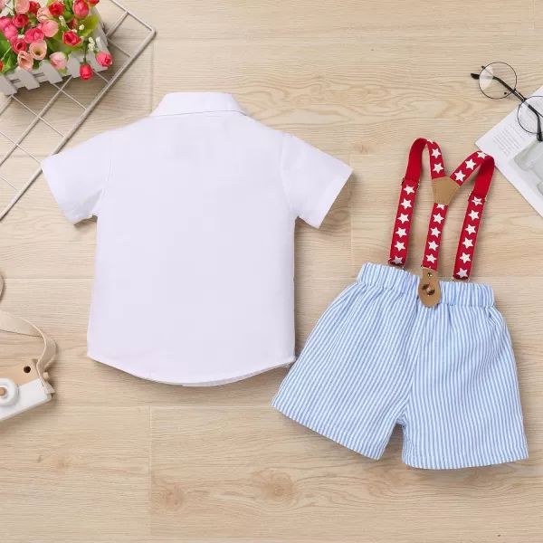 IDOPIP Toddler Kids Baby Boys Formal Suit Gentleman White Shirt with Bowtie  Suspender Shorts Pants Overalls Clothes 18TBlue Striped Stars