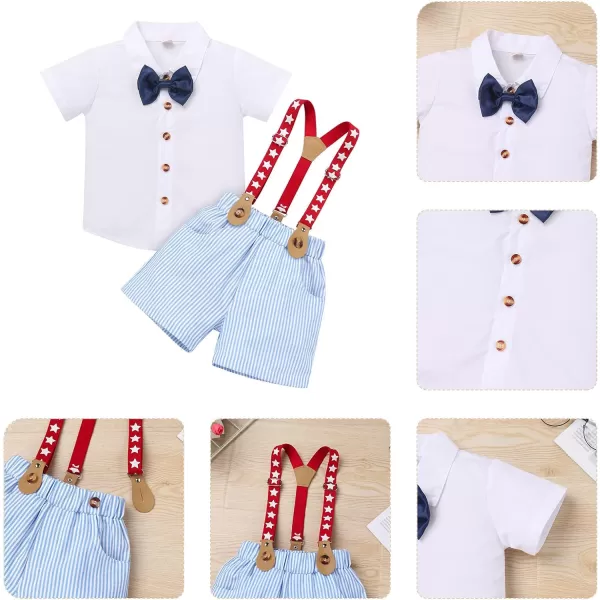 IDOPIP Toddler Kids Baby Boys Formal Suit Gentleman White Shirt with Bowtie  Suspender Shorts Pants Overalls Clothes 18TBlue Striped Stars