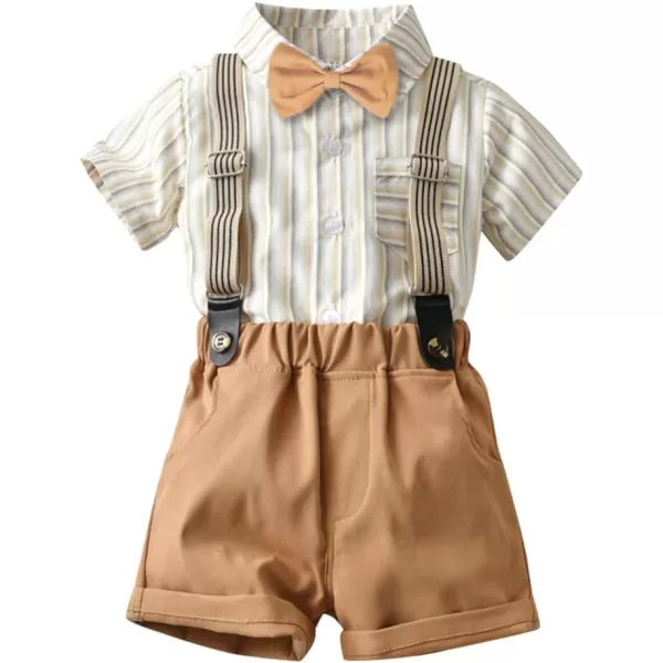 IDOPIP Toddler Kids Baby Boys Formal Suit Gentleman White Shirt with Bowtie  Suspender Shorts Pants Overalls Clothes 18TDark Khaki Striped